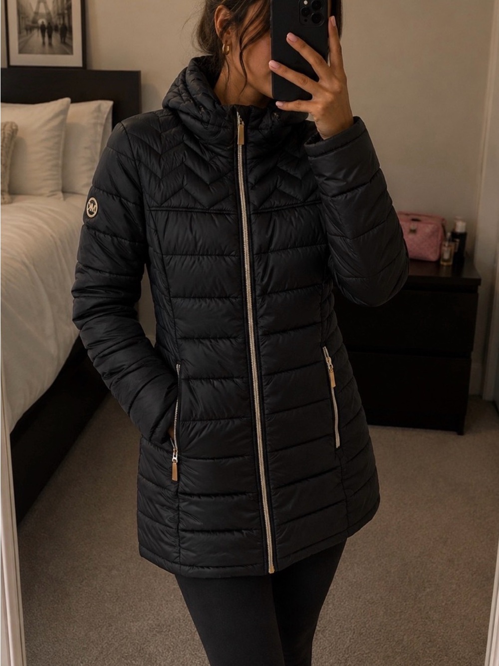 Michael Kors Women’s Black Quilted Puffer Jacket/Winter Coat Gold Long XS